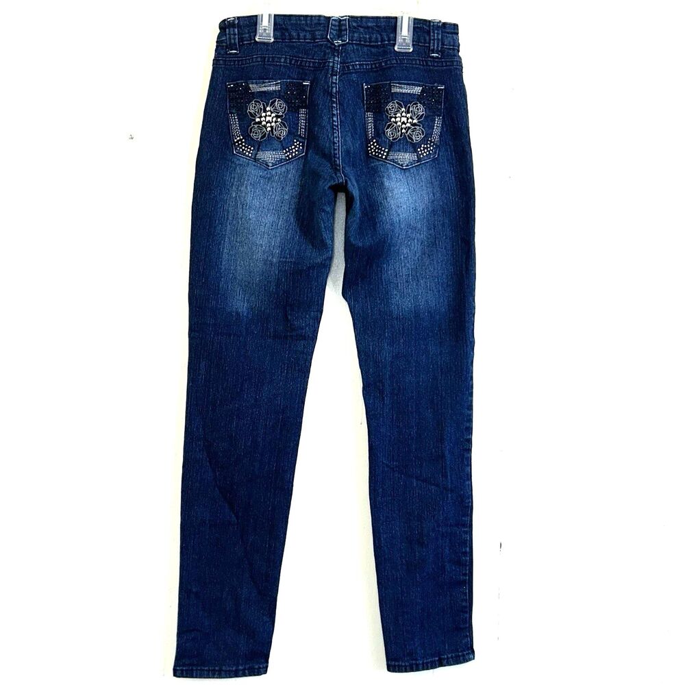 Jz Jeans Y2K Women's Blue Dark Wash Skinny Jeans Size 11 Low Rise Rhinestone - Picture 1 of 15